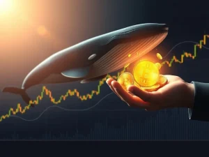 A digital representation of a massive Bitcoin sale, with BTC symbols flowing into a stable market chart, highlighting Bitcoin market resilience.