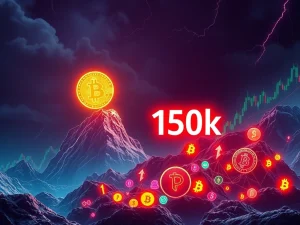 A visual representation of Bitcoin's price trajectory, showing a significant short squeeze pushing the BTC price towards $150K, amidst a vibrant altcoin season.