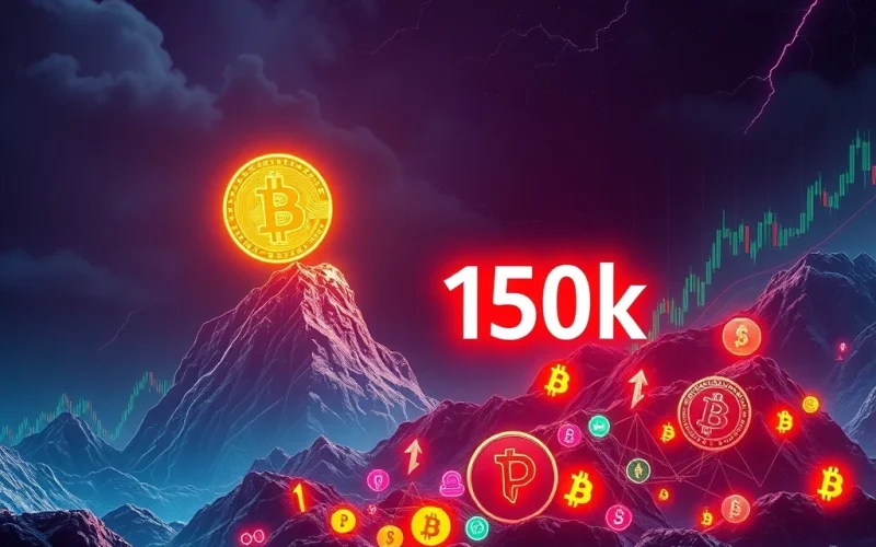 A visual representation of Bitcoin's price trajectory, showing a significant short squeeze pushing the BTC price towards $150K, amidst a vibrant altcoin season.
