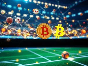A visual depicting Bitcoin sports betting's future, with blockchain elements transforming global wagering.