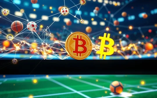 A visual depicting Bitcoin sports betting's future, with blockchain elements transforming global wagering.