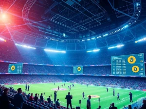 Illustrates the secure and fast future of Bitcoin sports betting, showing digital currency symbols merging with sports graphics.