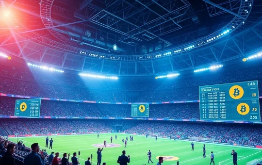 Illustrates the secure and fast future of Bitcoin sports betting, showing digital currency symbols merging with sports graphics.