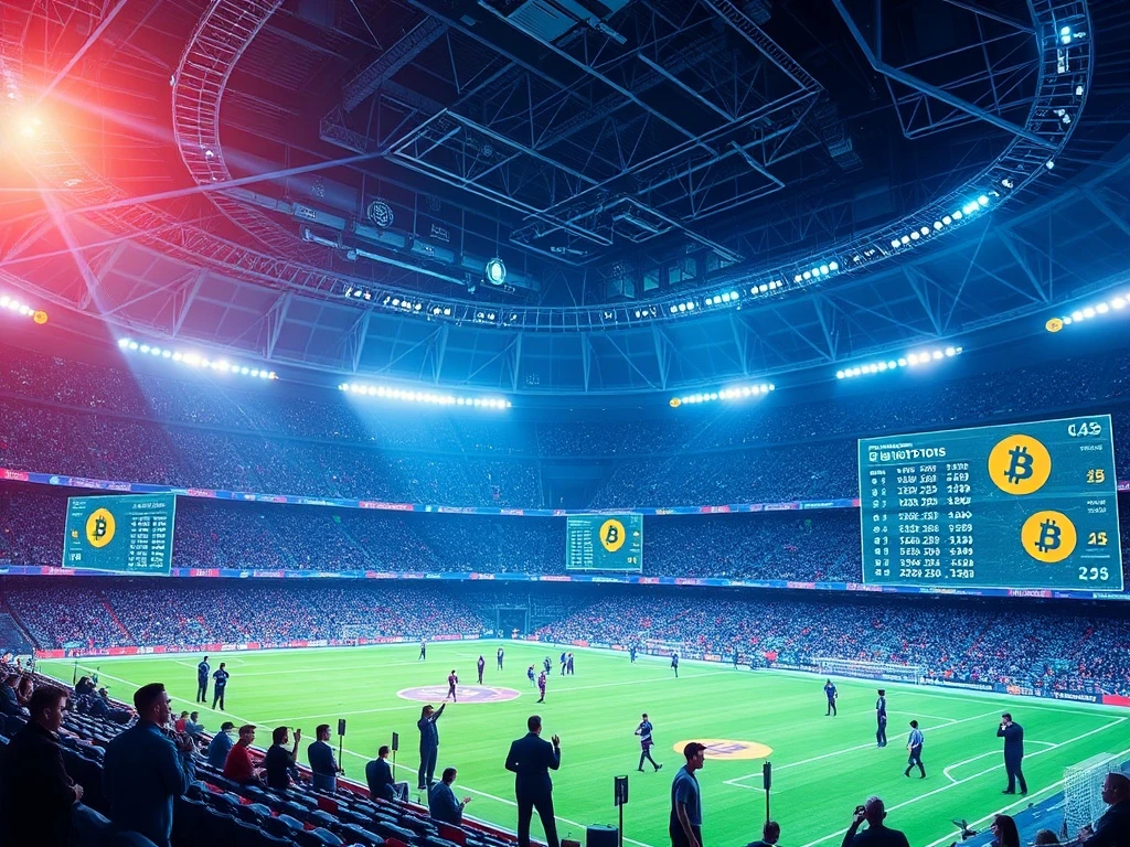 Illustrates the secure and fast future of Bitcoin sports betting, showing digital currency symbols merging with sports graphics.