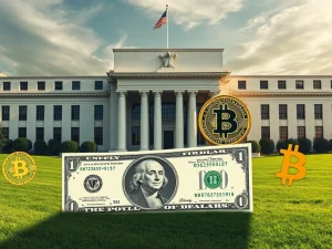 A visual representation of Bitcoin, stablecoins, and the US dollar, illustrating the potential impact of stablecoin surge on dollar purchasing power.