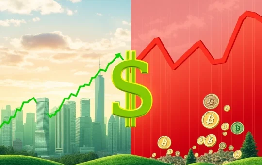 Visualizing the crucial market divergence as US stocks rise and Bitcoin and crypto stocks fall due to dollar strength.