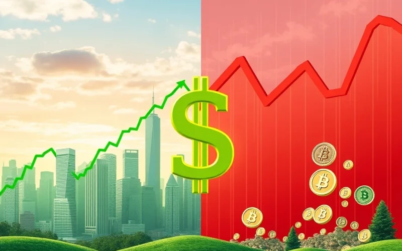 Visualizing the crucial market divergence as US stocks rise and Bitcoin and crypto stocks fall due to dollar strength.