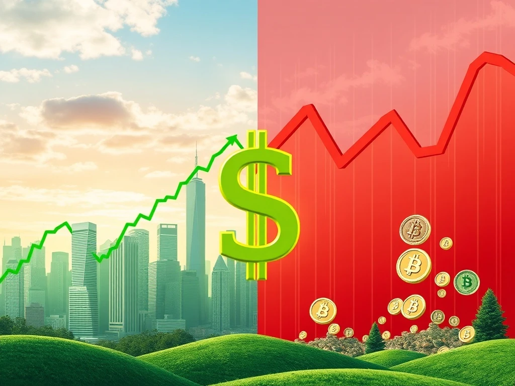 Visualizing the crucial market divergence as US stocks rise and Bitcoin and crypto stocks fall due to dollar strength.