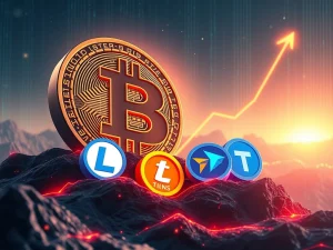 Cryptocurrency symbols of Bitcoin, Litecoin, Filecoin, and Toncoin ascending, representing a potential Bitcoin surge and altcoin gains.