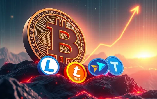 Cryptocurrency symbols of Bitcoin, Litecoin, Filecoin, and Toncoin ascending, representing a potential Bitcoin surge and altcoin gains.