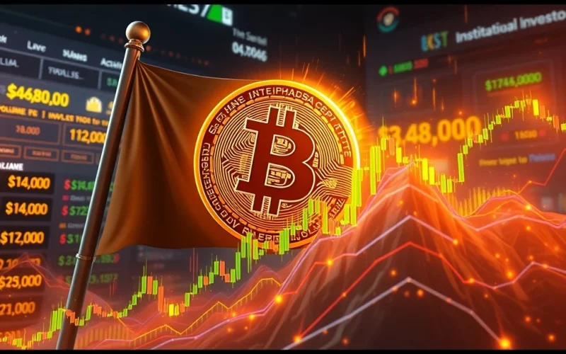 Bitcoin price surging toward $148,000 with a bull flag pattern and rising trading volume