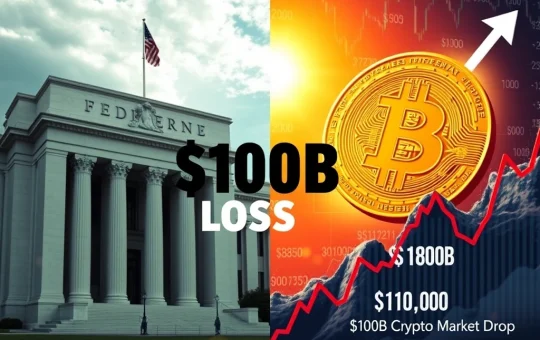 An illustrative graphic showing a Bitcoin surge against the backdrop of the Federal Reserve's significant financial loss and a contracting crypto market.