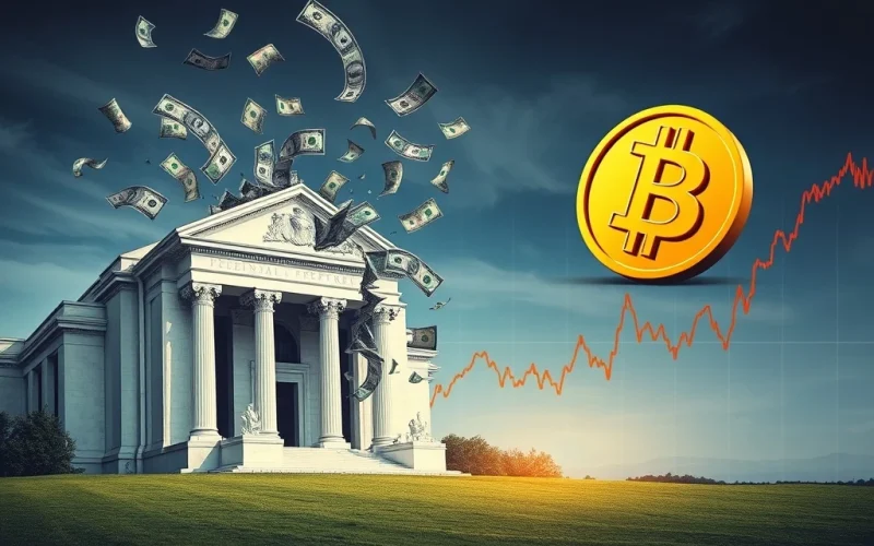 An illustrative graphic showing a Bitcoin surge against the backdrop of the Federal Reserve's significant financial loss and a contracting crypto market.