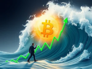 Illustrates the powerful Bitcoin surge, symbolizing its final wave momentum driven by strong investor interest and market growth.