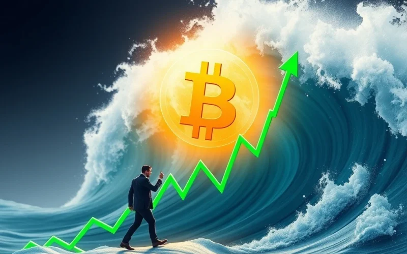 Illustrates the powerful Bitcoin surge, symbolizing its final wave momentum driven by strong investor interest and market growth.