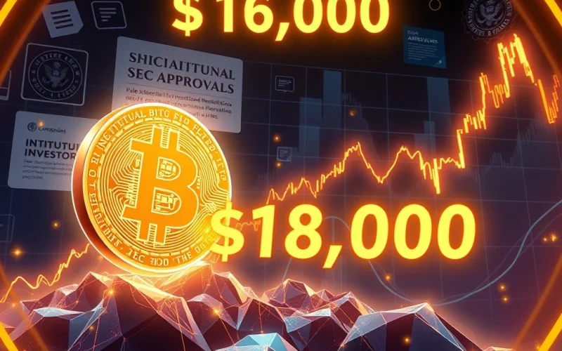 Bitcoin price surge with SEC ETF approval and institutional demand driving growth.
