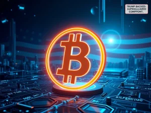 Bitcoin Swift logo with blockchain nodes and regulatory compliance symbols