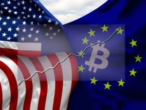 Illustration of a pivotal US-EU tariff deal impacting global financial markets and Bitcoin news, showing economic growth.