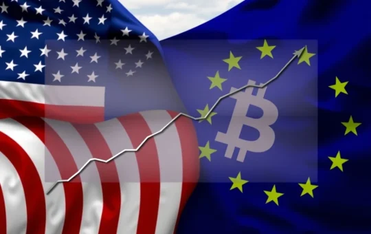Illustration of a pivotal US-EU tariff deal impacting global financial markets and Bitcoin news, showing economic growth.