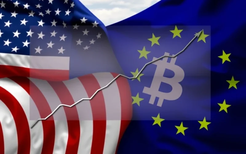 Illustration of a pivotal US-EU tariff deal impacting global financial markets and Bitcoin news, showing economic growth.