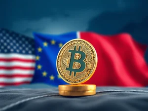 Bitcoin logo rising against a backdrop of US and EU flags, symbolizing the positive impact of the US-EU trade deal on Bitcoin's price.