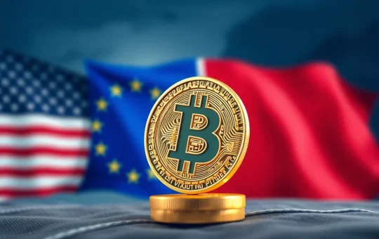 Bitcoin logo rising against a backdrop of US and EU flags, symbolizing the positive impact of the US-EU trade deal on Bitcoin's price.