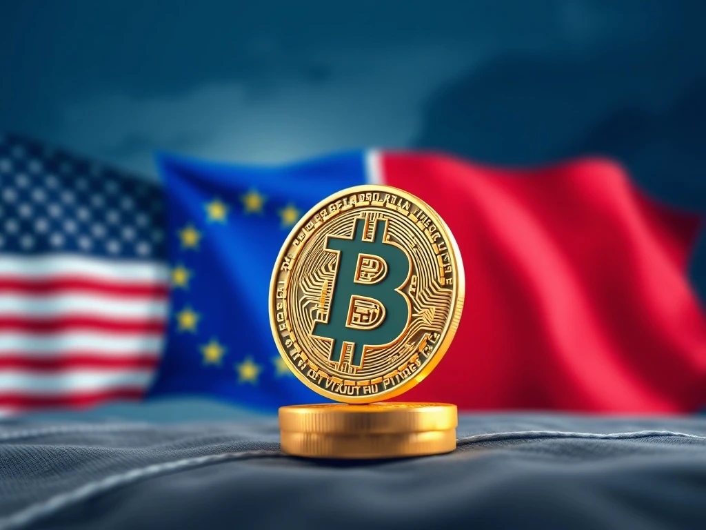 Bitcoin logo rising against a backdrop of US and EU flags, symbolizing the positive impact of the US-EU trade deal on Bitcoin's price.