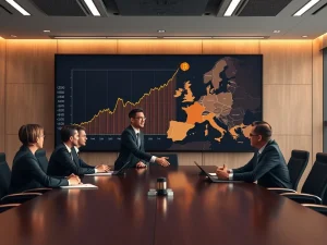 A corporate team celebrating a successful Bitcoin treasury investment, with a European map backdrop, symbolizing the surge in corporate Bitcoin adoption.