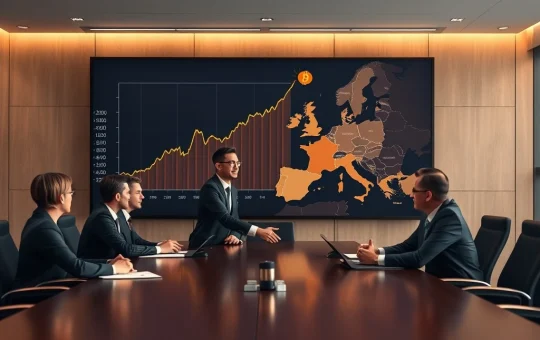 A corporate team celebrating a successful Bitcoin treasury investment, with a European map backdrop, symbolizing the surge in corporate Bitcoin adoption.