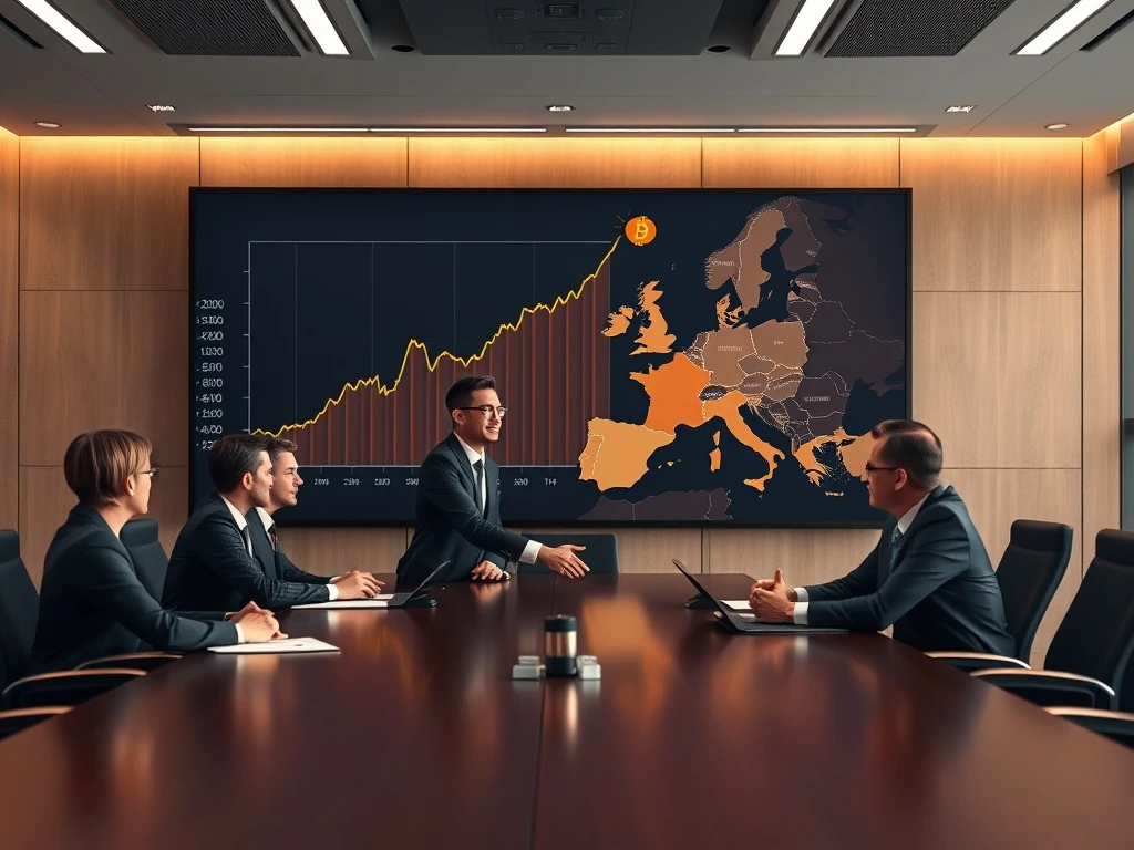 A corporate team celebrating a successful Bitcoin treasury investment, with a European map backdrop, symbolizing the surge in corporate Bitcoin adoption.
