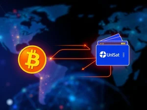 A graphic showing UniSat Wallet streamlining Bitcoin BRC-20 transfers, symbolizing a major leap in crypto efficiency.
