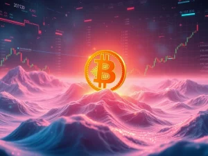 Bitcoin symbol glowing amidst financial charts representing market resilience and unrealized gains.
