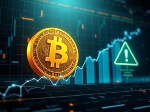 Bitcoin price chart with rising profits and warning sign for distribution risks