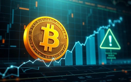 Bitcoin price chart with rising profits and warning sign for distribution risks