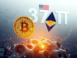Jim Cramer pointing towards Bitcoin and Ethereum symbols, illustrating their role as a crucial hedge against rising US Debt.