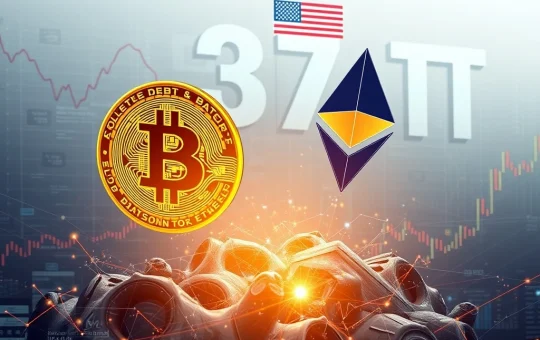 Jim Cramer pointing towards Bitcoin and Ethereum symbols, illustrating their role as a crucial hedge against rising US Debt.