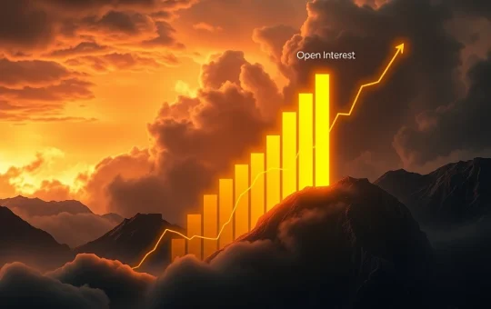 Chart showing Bitcoin volatility with a rising Bybit Open Interest bar, signaling a potential market downturn.