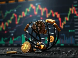 A coiled spring representing low Bitcoin volatility poised for explosive cross-asset market shifts.