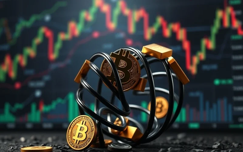 A coiled spring representing low Bitcoin volatility poised for explosive cross-asset market shifts.