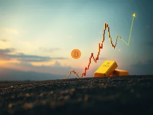A calm Bitcoin price chart line suddenly breaks into a sharp spike, illustrating the potential for dramatic Bitcoin volatility and cross-asset market shifts.