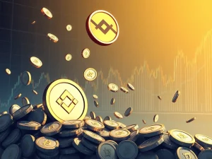 A digital representation of Tether USDT coins flowing into a Binance exchange, symbolizing the large issuance and its potential impact on Bitcoin volatility.