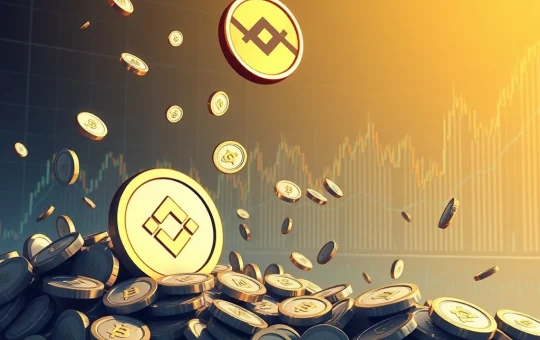 A digital representation of Tether USDT coins flowing into a Binance exchange, symbolizing the large issuance and its potential impact on Bitcoin volatility.