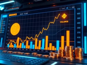 A dynamic chart illustrating the stable Bitcoin price at $117K alongside a significant surge in Binance trading volume, indicating strong market sentiment.