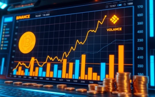 A dynamic chart illustrating the stable Bitcoin price at $117K alongside a significant surge in Binance trading volume, indicating strong market sentiment.