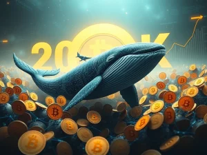 A digital whale investing in Bitcoin, aiming for a $200K Bitcoin price prediction, symbolizing a massive bullish bet.