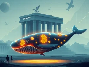 Image depicts a large digital whale transferring Bitcoin to a secure institutional platform, symbolizing Bitcoin whale activity driving market stability and institutional trust.