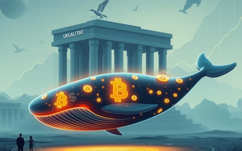 Image depicts a large digital whale transferring Bitcoin to a secure institutional platform, symbolizing Bitcoin whale activity driving market stability and institutional trust.
