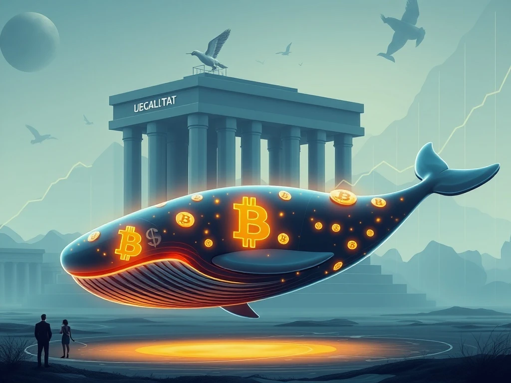 Image depicts a large digital whale transferring Bitcoin to a secure institutional platform, symbolizing Bitcoin whale activity driving market stability and institutional trust.