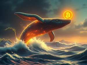 A large digital whale emerges from crypto charts, symbolizing a significant Bitcoin whale bet on a $200k target.