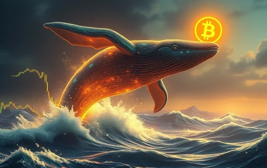 A large digital whale emerges from crypto charts, symbolizing a significant Bitcoin whale bet on a $200k target.